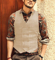 Men's Waistcoat Wool Tweed Slim Fit Leisure Cotton Suit Vest Gentleman Herringbone Pattern Beckham business Brown Wedding Groom