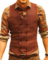 Men's Waistcoat Wool Tweed Slim Fit Leisure Cotton Suit Vest Gentleman Herringbone Pattern Beckham business Brown Wedding Groom