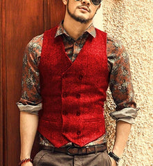 Men's Waistcoat Wool Tweed Slim Fit Leisure Cotton Suit Vest Gentleman Herringbone Pattern Beckham business Brown Wedding Groom