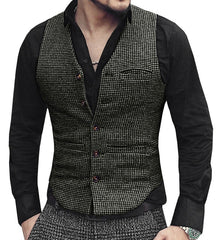 Mens Suit Vest V Neck Wool Brown Single-breasted Houndstooth Waistcoat Casual Formal Business Groomman For Wedding