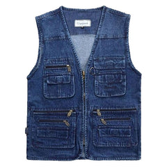 Big Size V-Neck Classic Multi Denim Work Vest Mens Solid Casual Waistcoat with Many Pockets Fishing Vest Sleeveless Jacket