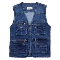 Big Size V-Neck Classic Multi Denim Work Vest Mens Solid Casual Waistcoat with Many Pockets Fishing Vest Sleeveless Jacket