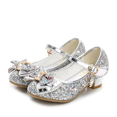 Princess Kids Leather Shoes for Girls Flower Casual Glitter Children High Heel  Girls Shoes Butterfly Knot Blue Pink Silver