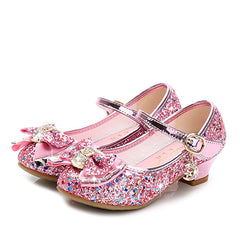 Princess Kids Leather Shoes for Girls Flower Casual Glitter Children High Heel  Girls Shoes Butterfly Knot Blue Pink Silver