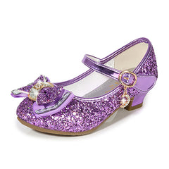 Princess Kids Leather Shoes for Girls Flower Casual Glitter Children High Heel  Girls Shoes Butterfly Knot Blue Pink Silver