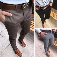 Hot Fashion Men's Slim Fit Business Formal Pants Cotton Mid Rise Bottoms Plus Size Casual Office Skinny Straight Solid Trousers