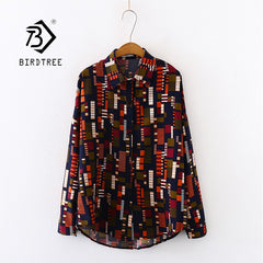 Summer New Women Mosaics Print Chiffon Blouse Autumn Long Sleeve Black Shirt Vintage Oversize Tops Vintage Blusa T03201F