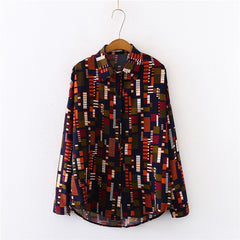 Summer New Women Mosaics Print Chiffon Blouse Autumn Long Sleeve Black Shirt Vintage Oversize Tops Vintage Blusa T03201F