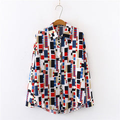 Summer New Women Mosaics Print Chiffon Blouse Autumn Long Sleeve Black Shirt Vintage Oversize Tops Vintage Blusa T03201F