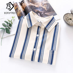 Summer New Women Blue Striped White Shirts Autumn Long Sleeve Vintage Shirt Loose Tops Casual Wear Feminina Blusa T02809Y