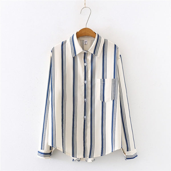 Summer New Women Blue Striped White Shirts Autumn Long Sleeve Vintage Shirt Loose Tops Casual Wear Feminina Blusa T02809Y