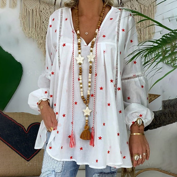 White Elegant Lantern Long Sleeve Womens Blouse Plus Size 4XL Boho Printed Clothes Woman Spring Sexy Women Tops And Blouses