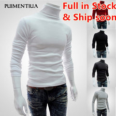 Puimentiua  Autumn Winter Men's Sweater Males Turtleneck Solid Color Casual Sweater Homme Slim Fit Knitted Cotton Pullovers