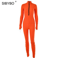 SIBYBO Spring Turtleneck Skinny Casual Jumpsuit Women Long Sleeve Front Zipper Sport Wear Women Rompers Black Overalls for Women