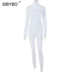 SIBYBO Spring Turtleneck Skinny Casual Jumpsuit Women Long Sleeve Front Zipper Sport Wear Women Rompers Black Overalls for Women