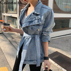 Colorfaith New Spring Autumn Women's Denim Jackets Casual Turn-down Collar Sashes Streetwear Asymmetrical Jeans Tops JK6775