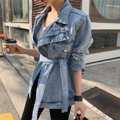 Colorfaith New Spring Autumn Women's Denim Jackets Casual Turn-down Collar Sashes Streetwear Asymmetrical Jeans Tops JK6775