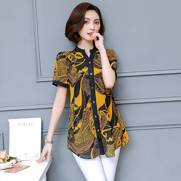 COIGARSAM 5XL Plus Size Fashion Print Shirt Womens tops New Summer Chiffon Women shirts Red Yellow 9883