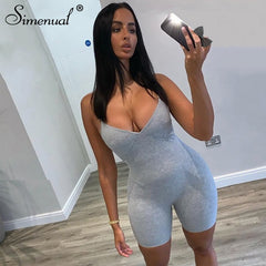 Simenual V Neck Strap Sleeveless Basic Casual Women Playsuits Sporty Workout Active Wear Fashion Solid Skinny Rompers Slim