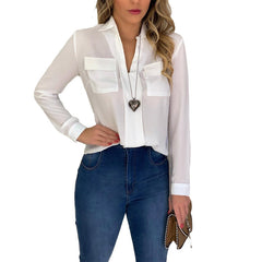 Summer White Chiffon Blouse Women  Long Sleeve V-neck Pockets Womens Tops And Blouses Blusas