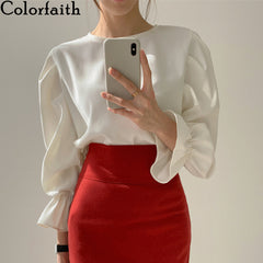 Colorfaith New Women Spring Summer Blouse Shirts Casual Vintage Elegant Pagoda Sleeve Fashionable Loose White Tops BL8805