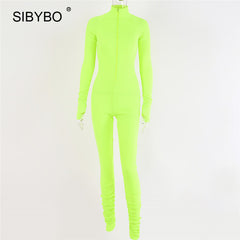 SIBYBO Spring Turtleneck Skinny Casual Jumpsuit Women Long Sleeve Front Zipper Sport Wear Women Rompers Black Overalls for Women