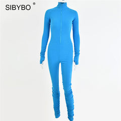 SIBYBO Spring Turtleneck Skinny Casual Jumpsuit Women Long Sleeve Front Zipper Sport Wear Women Rompers Black Overalls for Women