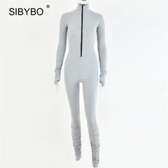 SIBYBO Spring Turtleneck Skinny Casual Jumpsuit Women Long Sleeve Front Zipper Sport Wear Women Rompers Black Overalls for Women