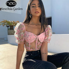 NewAsia Embroidery Mesh  Corset Tops Puff Sleeve See Through Blouse Women Floral Crop Top Summer Hollow Out Cropped Bustier