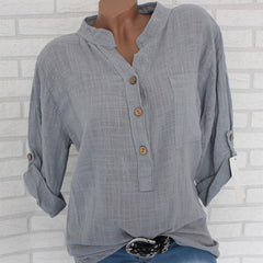 Womens Cotton Linen Stand Collar Shirt Tops Plus Size 5XL White Solid Pocket Womens Shirts