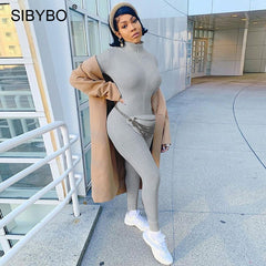 SIBYBO Spring Turtleneck Skinny Casual Jumpsuit Women Long Sleeve Front Zipper Sport Wear Women Rompers Black Overalls for Women