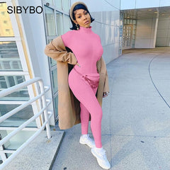 SIBYBO Spring Turtleneck Skinny Casual Jumpsuit Women Long Sleeve Front Zipper Sport Wear Women Rompers Black Overalls for Women