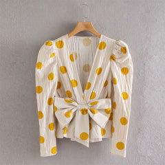 Deep V-Neck Polka Dot Printed Women's Blouses Summer Bow Long Sleeve Blouse Female