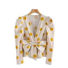 Deep V-Neck Polka Dot Printed Women's Blouses Summer Bow Long Sleeve Blouse Female