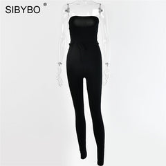 SIBYBO Ribbed Off Shoulder  Jumpsuit Women Strapless Drawstring Summer Women Rompers Skinny Backless Rompers Womens Jumpsuit