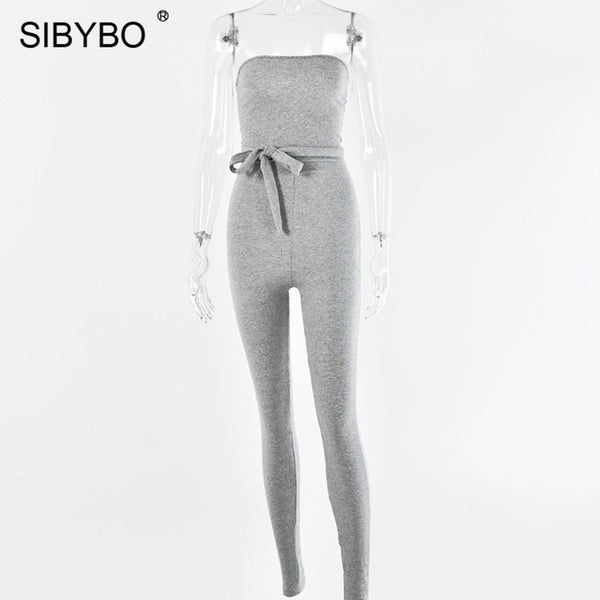 SIBYBO Ribbed Off Shoulder  Jumpsuit Women Strapless Drawstring Summer Women Rompers Skinny Backless Rompers Womens Jumpsuit