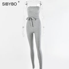 SIBYBO Ribbed Off Shoulder  Jumpsuit Women Strapless Drawstring Summer Women Rompers Skinny Backless Rompers Womens Jumpsuit