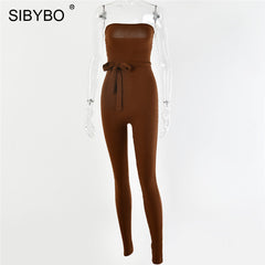 SIBYBO Ribbed Off Shoulder  Jumpsuit Women Strapless Drawstring Summer Women Rompers Skinny Backless Rompers Womens Jumpsuit