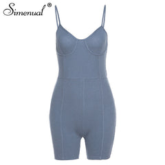 Simenual Knit Biker Shorts Women Rompers Strap Bodycon Solid Workout Active Wear Palysuits Casual Skinny Sporty Summer Playsuit