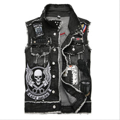 Mens Punk Denim Vests Black Skull Embroidery Denim Waistcoat Slim Fit Fashion Jeans Sleeveless Jacket Male Vest Tops  J2868