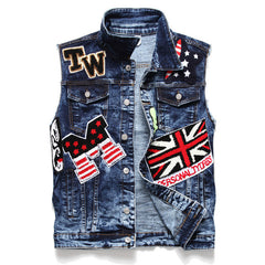 Mens Punk Denim Vests Black Skull Embroidery Denim Waistcoat Slim Fit Fashion Jeans Sleeveless Jacket Male Vest Tops  J2868