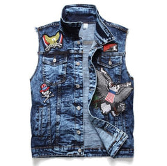 Mens Punk Denim Vests Black Skull Embroidery Denim Waistcoat Slim Fit Fashion Jeans Sleeveless Jacket Male Vest Tops  J2868