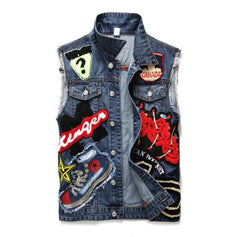 Mens Punk Denim Vests Black Skull Embroidery Denim Waistcoat Slim Fit Fashion Jeans Sleeveless Jacket Male Vest Tops  J2868