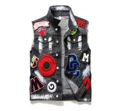 Mens Punk Denim Vests Black Skull Embroidery Denim Waistcoat Slim Fit Fashion Jeans Sleeveless Jacket Male Vest Tops  J2868