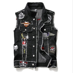 Mens Punk Denim Vests Black Skull Embroidery Denim Waistcoat Slim Fit Fashion Jeans Sleeveless Jacket Male Vest Tops  J2868