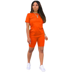 Two-piece Solid Color Women's Clothing. Short-sleeved Crew Neck T-shirt and Tight-fitting Shorts. Simple Style Tracksuit Outfit