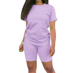 Two-piece Solid Color Women's Clothing. Short-sleeved Crew Neck T-shirt and Tight-fitting Shorts. Simple Style Tracksuit Outfit