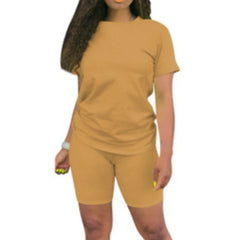 Two-piece Solid Color Women's Clothing. Short-sleeved Crew Neck T-shirt and Tight-fitting Shorts. Simple Style Tracksuit Outfit