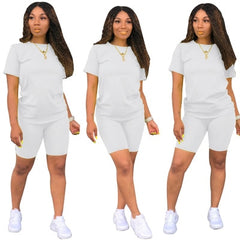 Two-piece Solid Color Women's Clothing. Short-sleeved Crew Neck T-shirt and Tight-fitting Shorts. Simple Style Tracksuit Outfit