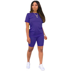 Two-piece Solid Color Women's Clothing. Short-sleeved Crew Neck T-shirt and Tight-fitting Shorts. Simple Style Tracksuit Outfit